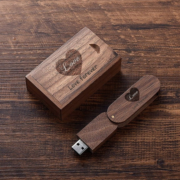 64GGB Wedding USB Flash Drive with Matching Walnut Box - USB 3.0 Memory Stick engraved with "Love forever", personalized gift