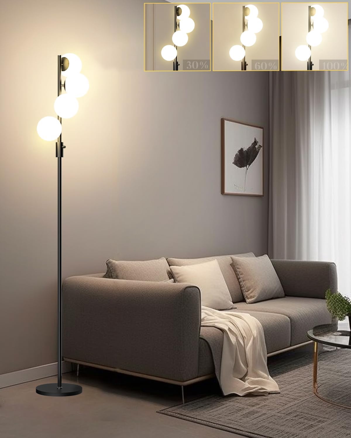 Lightdot 64" Dimmable Floor Lamp – Modern Gold & Black Standing Lamp With 4 Glass Globes & G9 Bulbs