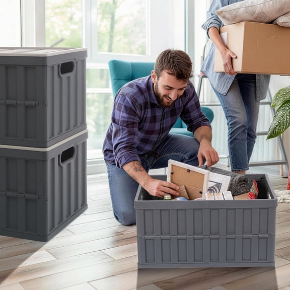 64L Collapsible Storage Bins with Lids Plastic Storage Containers for Organizing Stackable Utility Crates Heavy Duty, 2 Packs