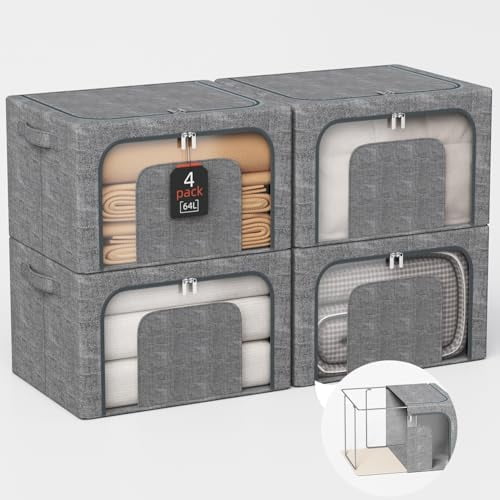 64L Large Stackable Storage Bins with Metal Frame (4 Pack), Foldable ...
