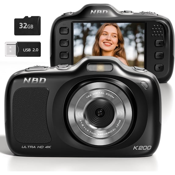 64MP 4K Digital Camera for Photography with Autofocus, 16X Zoom, Compact Design, Includes 32GB SD Card,Black