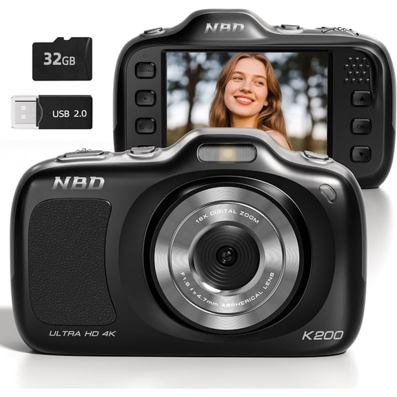 64MP 4K Digital Camera for Photography with Autofocus, 16X Zoom, Compact Design, Includes 32GB SD Card,Black