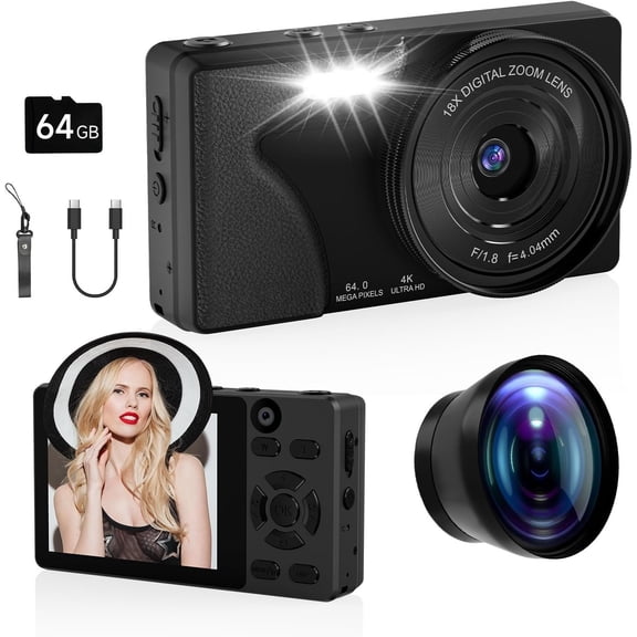 64MP 4K Vlogging Camera, 64GB Autofocus Digital Camera with Cam, Wide Lens, 2000mAh and 18X Digital Zoom - Ideal for YouTube, , Travel, Beginners Video Recording Creation