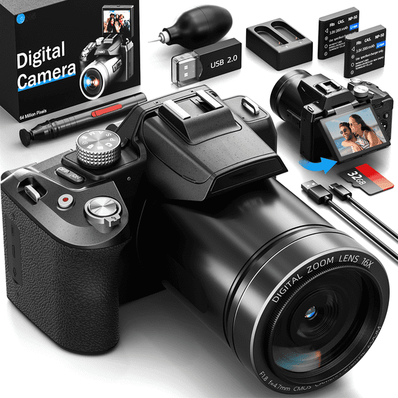 64MP 5K Autofocus Digital Vlogging Camera,WiFi App Control,16X Digital Zoom,Built-in Flash,2 Batteries & 32GB SD Card