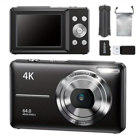 64MP Ultra HD Digital Camera with 64GB Card, Auto FOCUS 18X Zoom, Compact Rechargeable Point and Shoot for Travel Vlogging Video