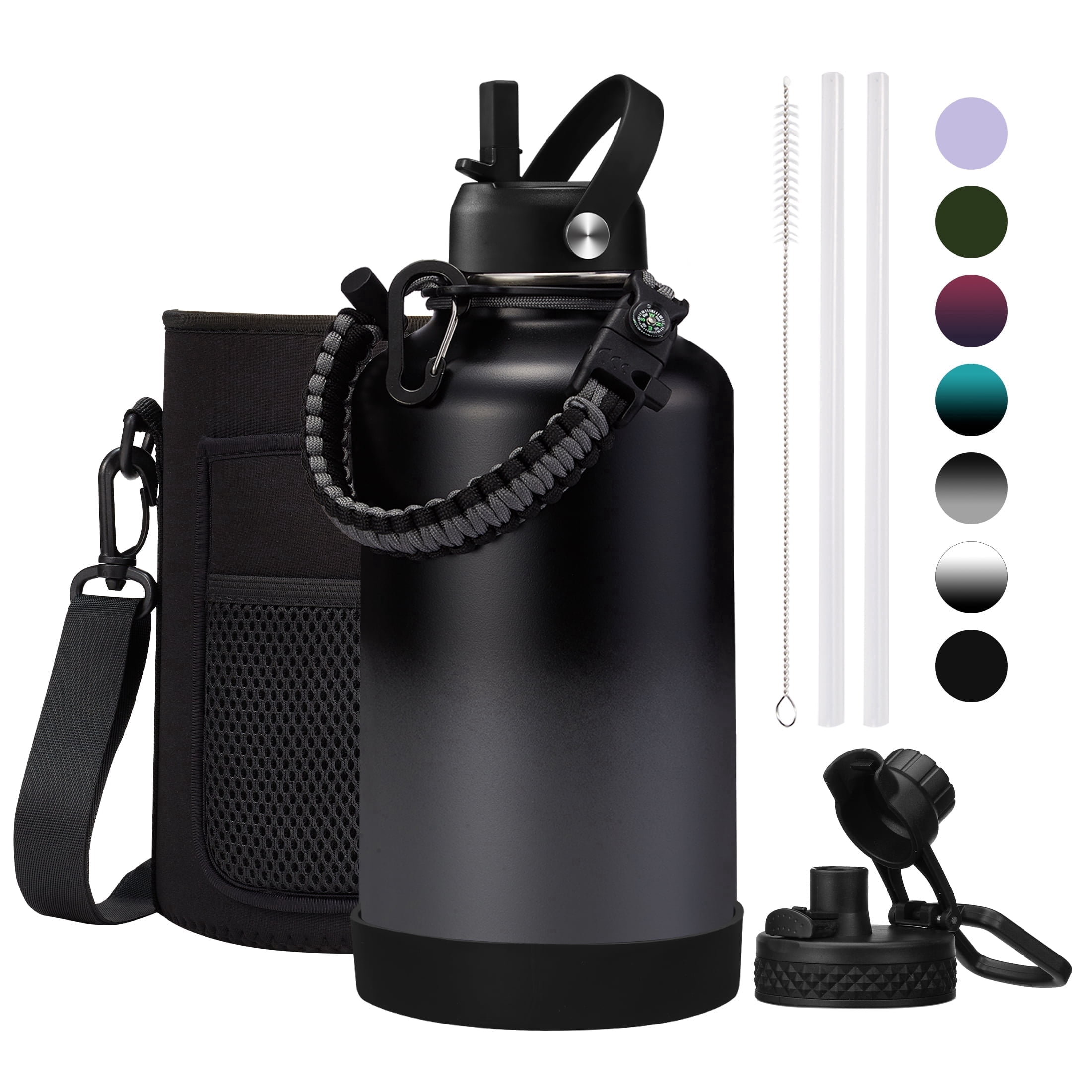 64OZ Insulated Sports Water Bottle - Half Gallon Stainless Steel Water Bottle with Straw, Carrier Bag, Paracord Handle, Big Water Jug for Hiking Camping