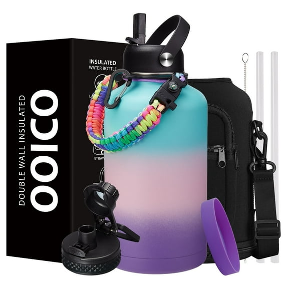 64OZ Water-Bottle Insulated with Paracord-Handle - Half Gallon Water Jug with Straw & Spout Lids, Bottle Sleeve & Boot, Cold-48h Hot-24h