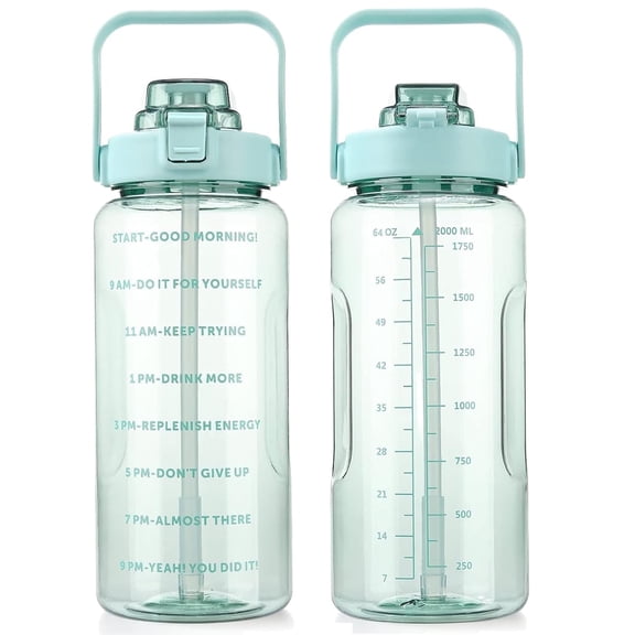 64OZ Motivational Water Bottle with Straw & Time Marker Leakproof Large Sports Water Bottle Green