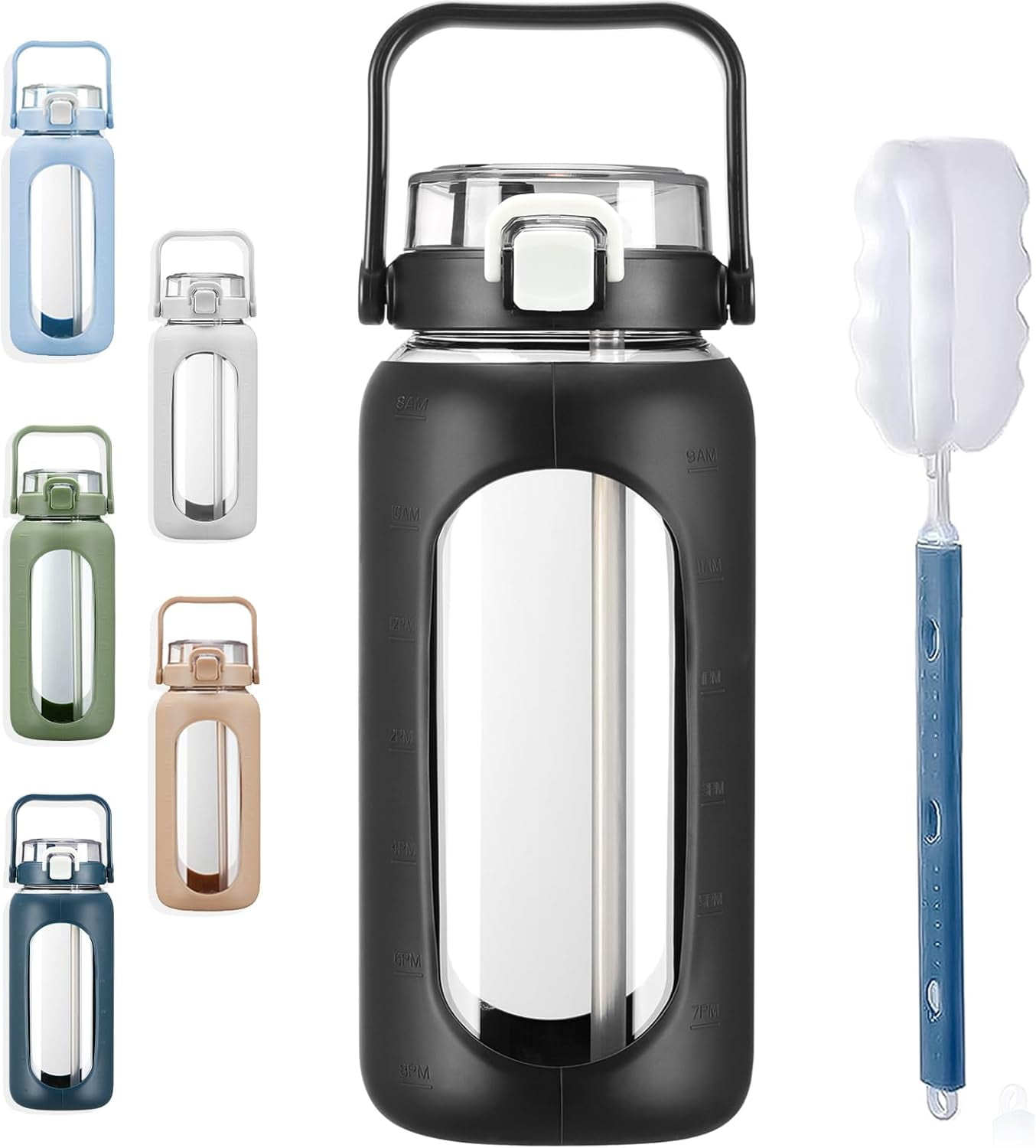 Glass Water Bottle With Silicone Sleeve And Straw 64Oz Glass Water Bottles With Straw Time Marker Half Gallon Large