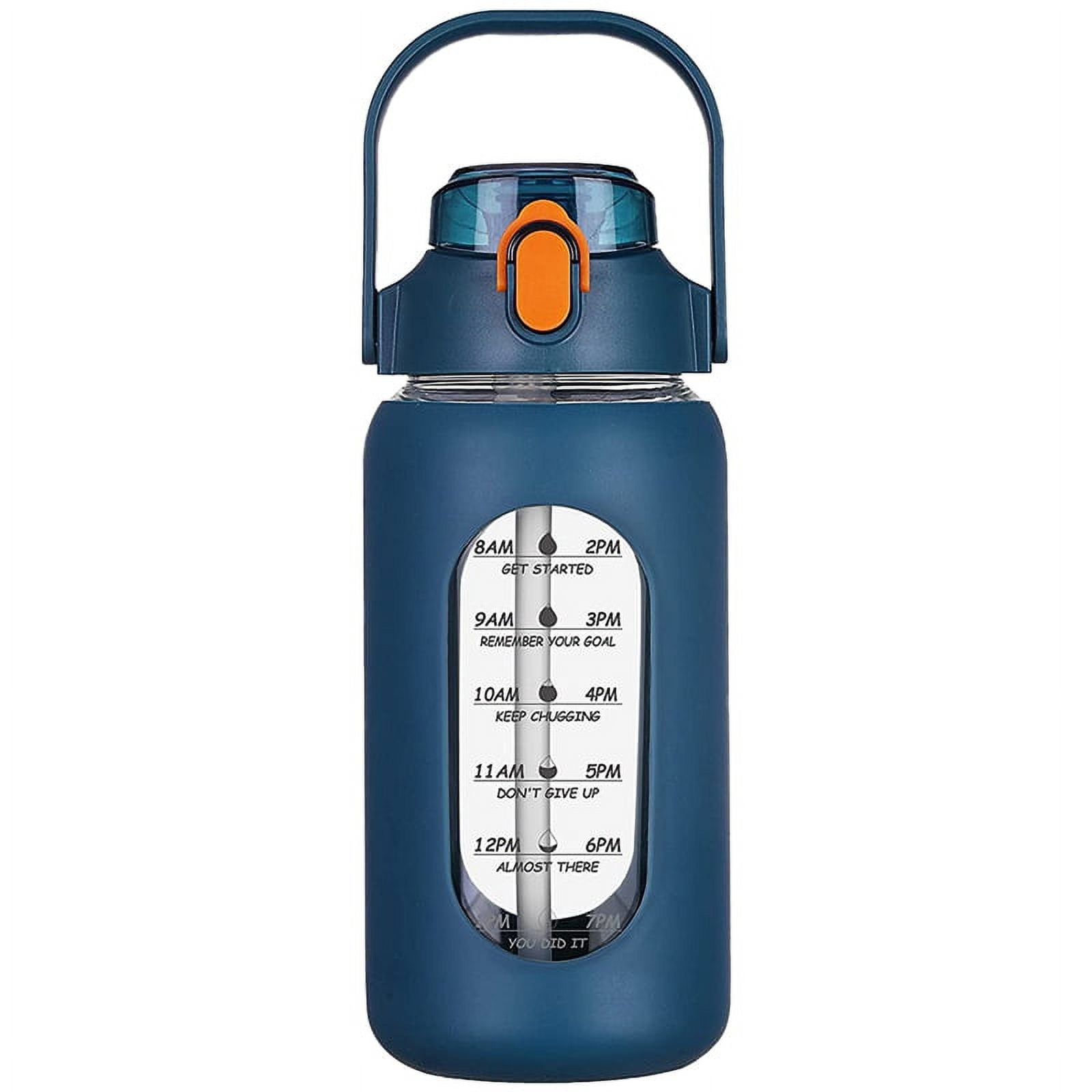 64Oz Glass Water Bottles with Straw, Glass Bottle with Silicone Sleeve and Time Marker, for Gym Home Office Navy Blue