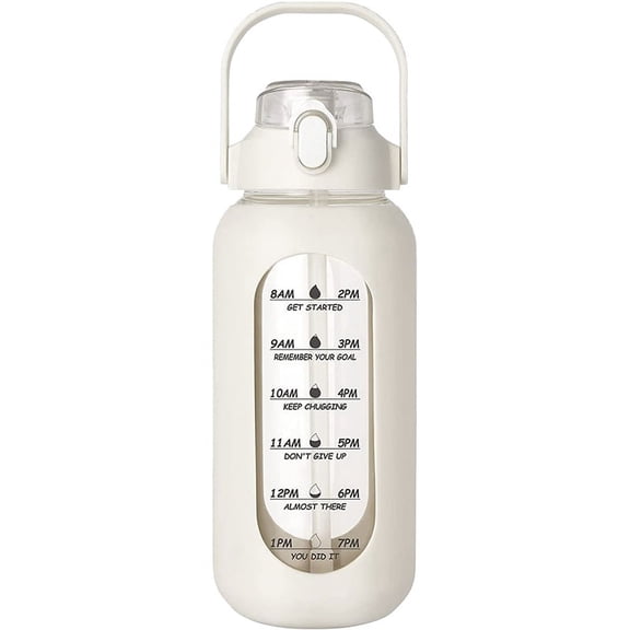 64Oz Glass Water Bottles with Straw, Glass Bottle with Silicone Sleeve and Time Marker, for Gym Home Office White