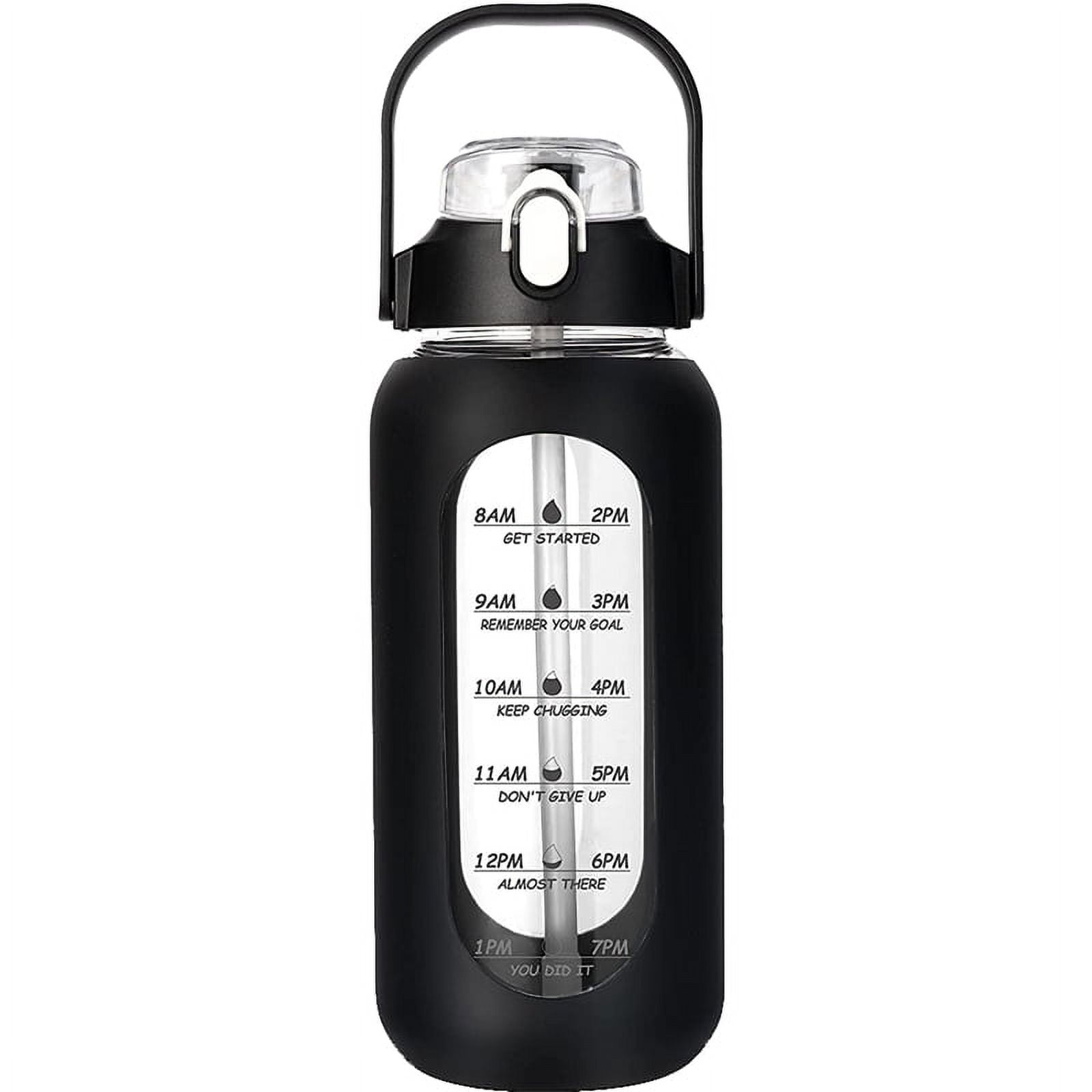 64Oz Glass Water Bottles with Straw, Glass Bottle with Silicone Sleeve and Time Marker, for Gym Home Office Black