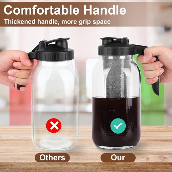 64Oz Thick Glass Cold Brew Coffee Maker Jar - Versatile Mason Pitcher with Spout Lid, Handle, And Stainless Steel Filter for Iced Coffee, Lemonade, Iced Tea, And Homemade Fruit Beverages
