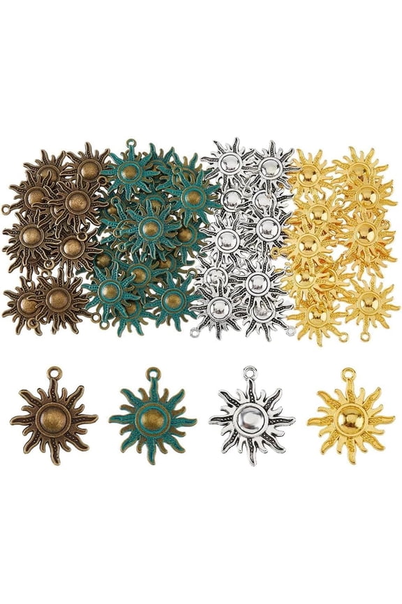 64PCS 4 Colors Vintage Sun Pendants Celestial Sun Charm Craft Supplies Tibetan Style Alloy Pendants for Jewelry Making DIY Necklace Bracelet Earring