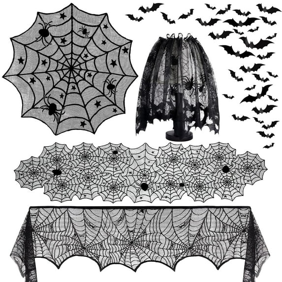 64PCS Halloween Decorations - Halloween Spider Web Lace Mantel Scarf, Table Covers and Lampshade, 3D Bats for Halloween Decorations Indoor