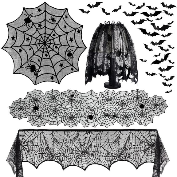 64PCS Halloween Decorations - Halloween Spider Web Lace Mantel Scarf, Table Covers and Lampshade, 3D Bats for Halloween Decorations Indoor