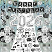 64PCS Happy New Year Decorations 2026 Silver Banner Fringe Backdrop Foil Balloons Hanging Swirls Photo Booth Props for NYE New Year Party Supplies