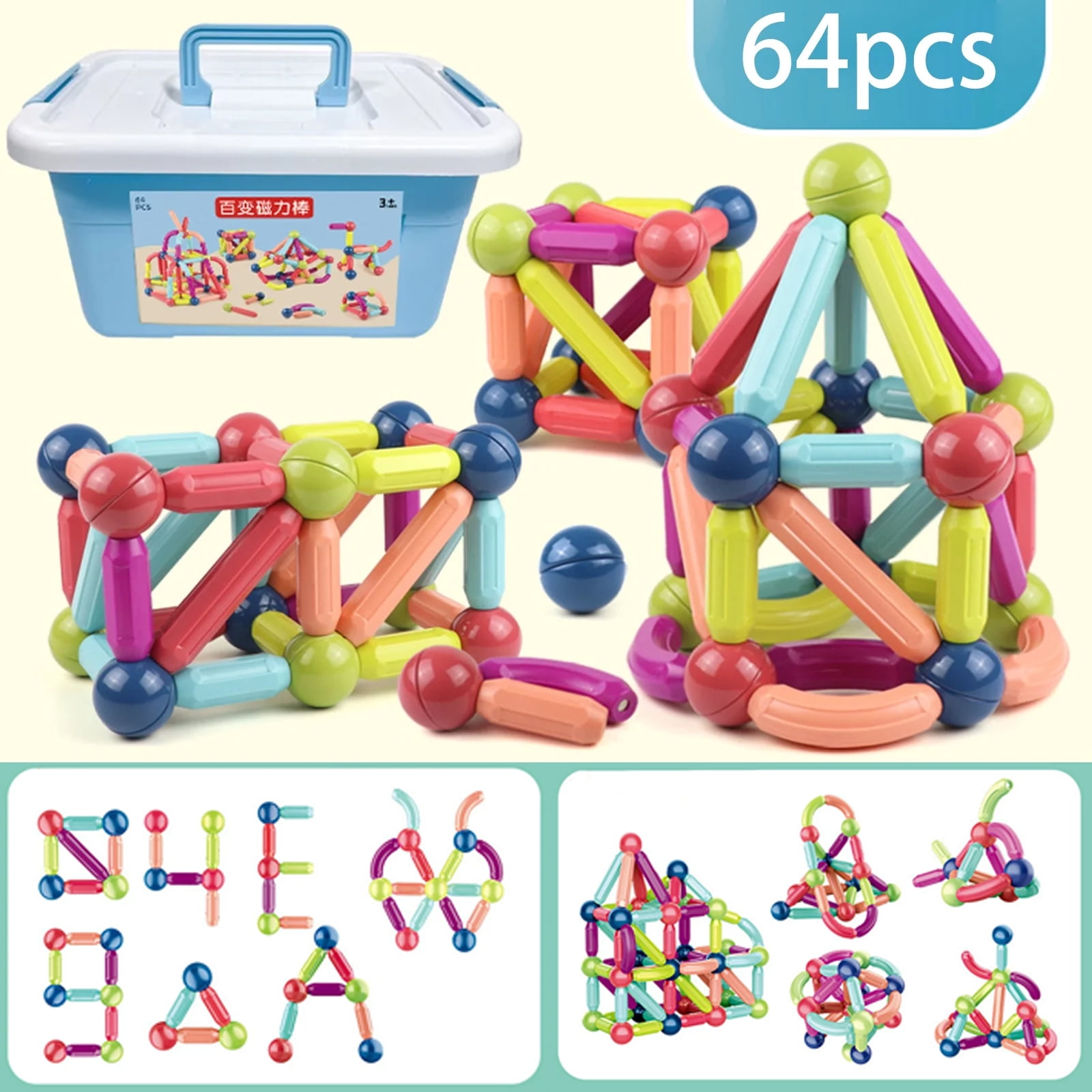 64PCS Magnetic Building Sticks Blocks ，Children's Magnetic Building ...