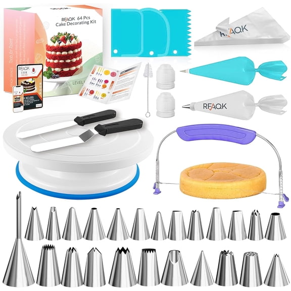 64PCs Cake Decorating Kit with Leveler, Baking Supplies Gift Includes Cake Stand Turntable, 24 Numbered Icing Tips, 30+1 Piping Bags, 2 Frosting Spatulas, 3 Scrappers, Video Course & Booklet
