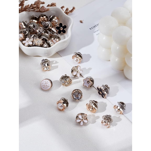 64Pcs 16 Styles Women Shirt Brooch Pins Plastic Safety Brooches with Pin and Rhinestone Mini Cover Up Enamel Safety Lapel Pins Buttons Sweater Shawl Clips for diy making