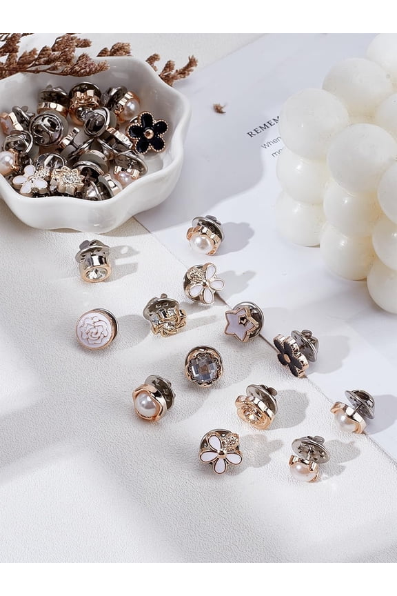 64Pcs 16 Styles Women Shirt Brooch Pins Plastic Safety Brooches with Pin and Rhinestone Mini Cover Up Enamel Safety Lapel Pins Buttons Sweater Shawl Clips for diy making
