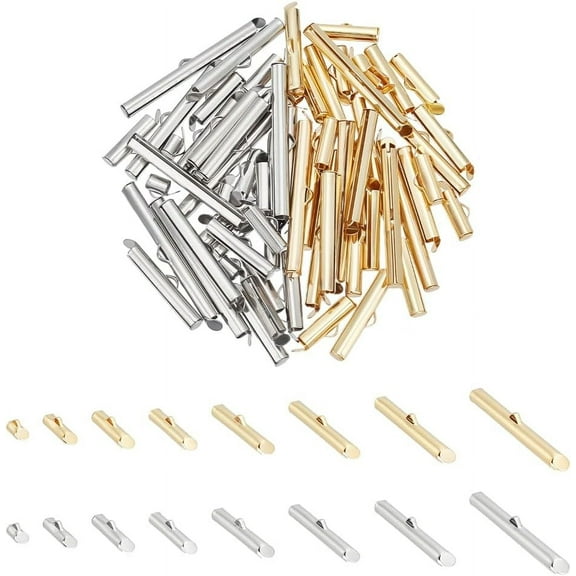 About 64Pcs 2 Styles Stainless Steel Slide On End Clasp 2 Colors Tubesr End Caps Crimp End Tube Buckle Clasps for Bead Looms Seed Bead Multi-Strand Necklace Jewelry Making 8.5~40 mm Mixed Color