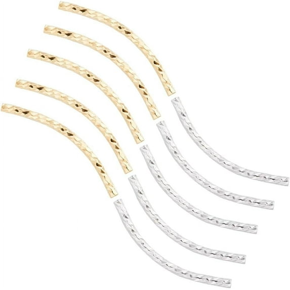 64Pcs 24K Gold Plated Curved Tube Beads Noodle Beads 925 Sterling Silver Plated Brass Twist Long Large Hole Spacer Connectors Bulk for DIY Jewelry Making Bracelet Necklace Findings 25x1.5mm DIY