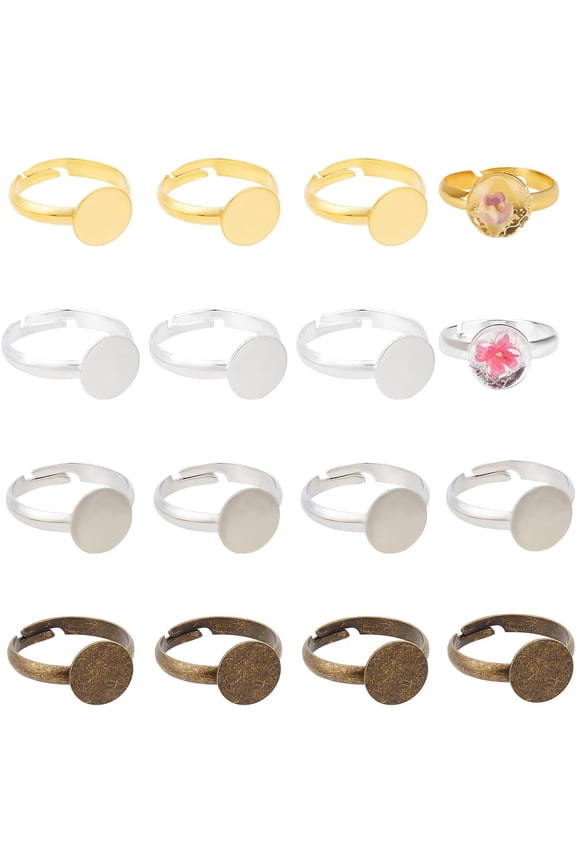 64Pcs 4 Colors Brass Pad Ring Base Findings Blank Ring Plated Adjustable Flat Ring 18.9mm Bezel Adjustable Pad Cabochon Base