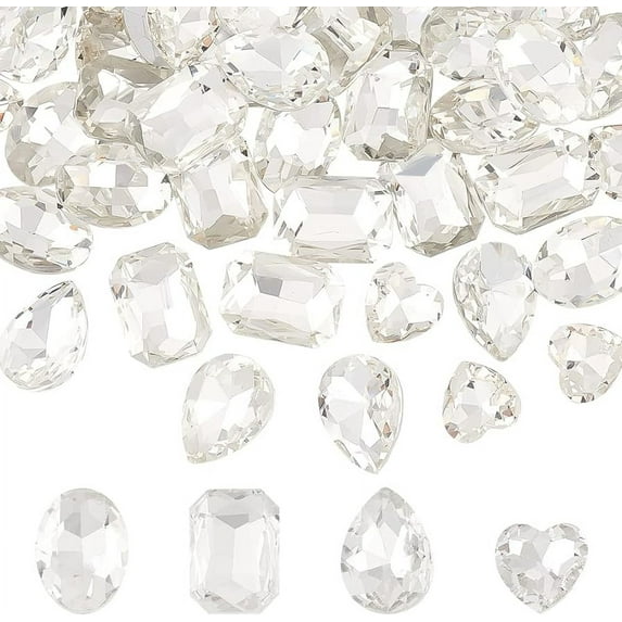 64Pcs 4 Shapes Pointed Back Rhinestone Glass Rhinestones Gems Clear Rectangle/Teardrop/Heart/Oval Crystal Jewels Embelishments with Silver Plated Back for DIY Craft Jewelry Making