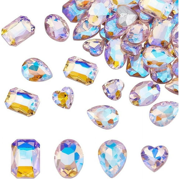 64Pcs 4 Shapes Pointed Back Rhinestone Glass Rhinestones Gems Pink AB Color Rectangle/Teardrop/Heart/Oval Crystal Jewels Embelishments with Silver Plated Back for Craft Making