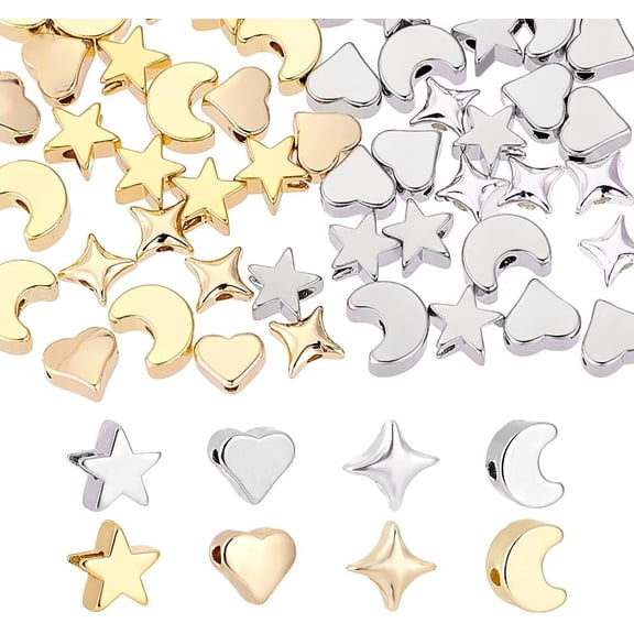 64Pcs 8 Styles Brass Spacer Beads Moon Star Heart Shaped Loose Beads Metal Jewelry Bead