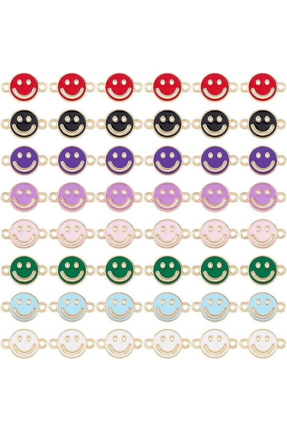 64Pcs Alloy Enamel Connector Charms Smile Face Charms Connector Flat Round Links with Hollow Smiling Face Light Gold Happy Face Enamel Pendant for Jewelry Making Hole: 1.8mm