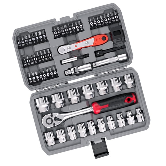 64Pcs Auto Repair Tool Set Ratcheting Socket Wrench Combo Multifunction Tool Box for Car/Motorcycle/Home Repair Storage Case