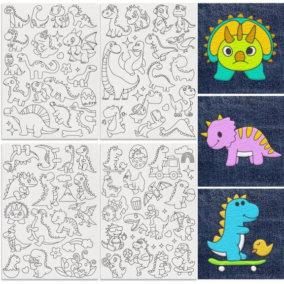 64Pcs Cartoon Dinosaur Embroidery Pattern Stabilizer 8.3"x11.7" Cute Dinosaur Soluble Stick and Stitch Embroidery Sticker 4 Sheets Water Hand Sewing DIY Embroidery Paper DIY