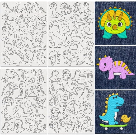 64Pcs Cartoon Dinosaur Embroidery Pattern Stabilizer 8.3"x11.7" Cute Dinosaur Soluble Stick and Stitch Embroidery Sticker 4 Sheets Water Hand Sewing DIY Embroidery Paper DIY