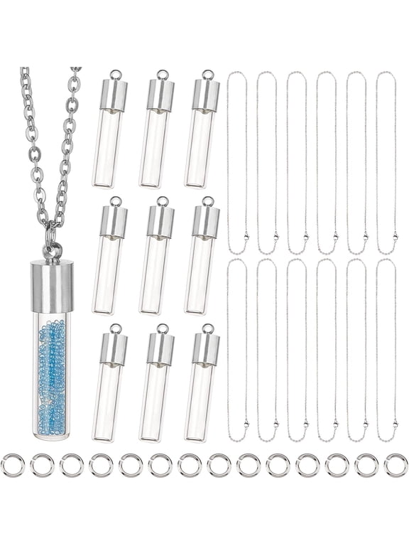 64Pcs DIY 12 Sets Vial Necklace Making Kit 6mm Dia. Hourglass Vial Pendants Handmade Clear Glass Memory Wish Bottle Charms DIY