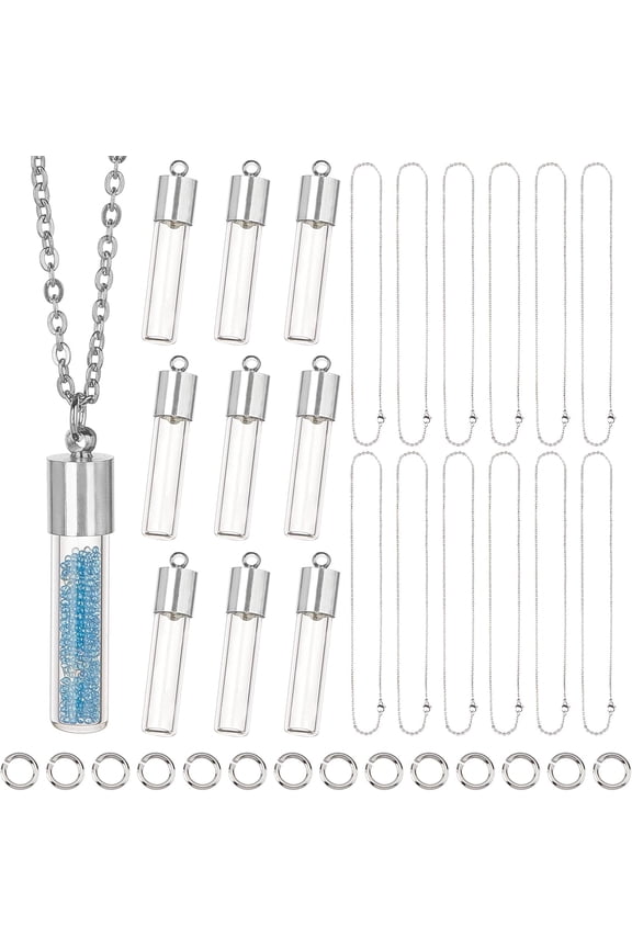 64Pcs DIY 12 Sets Vial Necklace Making Kit 6mm Dia. Hourglass Vial Pendants Handmade Clear Glass Memory Wish Bottle Charms DIY