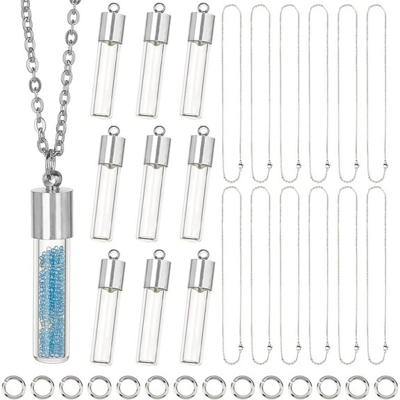 64Pcs DIY 12 Sets Vial Necklace Making Kit 6mm Dia. Hourglass Vial Pendants Handmade Clear Glass Memory Wish Bottle Charms for Jewelry Making Kits Stainless Steel Chain Christmas DIY Gifts for DIY