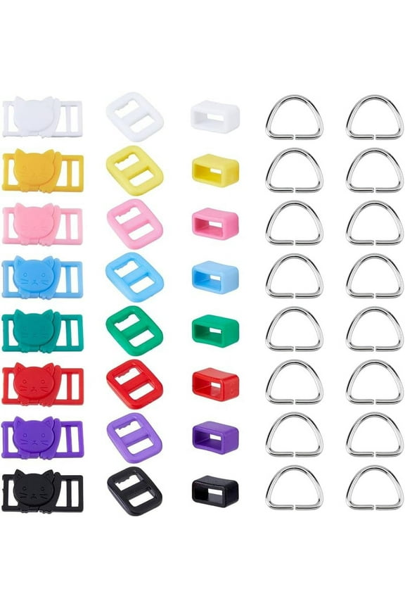 64Pcs Safety Breakaway Buckle 25 Styles Plastic Buckles Bag Buckle Belt Loop Keeper Slider Buckles Cat Collar Buckle Stainless Steel D Rings DIY Pet Collar Accessory 13-22mm