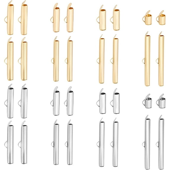 64Pcs Stainless Steel Slide On End Clasp 2Colors Tubesr End Caps Crimp End Tube Buckle Clasps