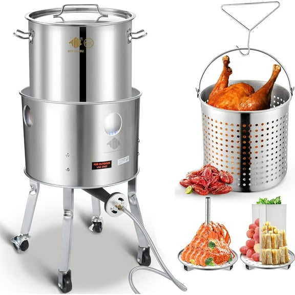 64QT Crawfish Boil Pot With Basket Kit, Stainless Steel Crab Boil Pot And Burner 20,0000BTU, Stainless Steel Crawfish Boil Pot and Burner for Outdoors Cooking and Steaming, All in One