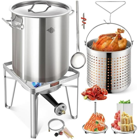 64QT Stainless Steel Pot with 200,000 BTU Propane Burner and 36" Large Spoon-Seafood Boil Pot, Crab Boil Pot, Lobster Pot, Shrimp Boil Pot, Tamale Steamer Pot with Basket and Turkey Fryer Burner