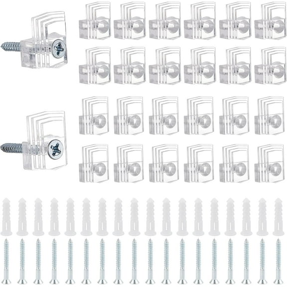 64Sets 2 Style Clear Plastic Mirror Holder Clips Clear Plastic Mirror Clip Fixing Clips Mirror Hanging Kit with Screw and Anchor DIY