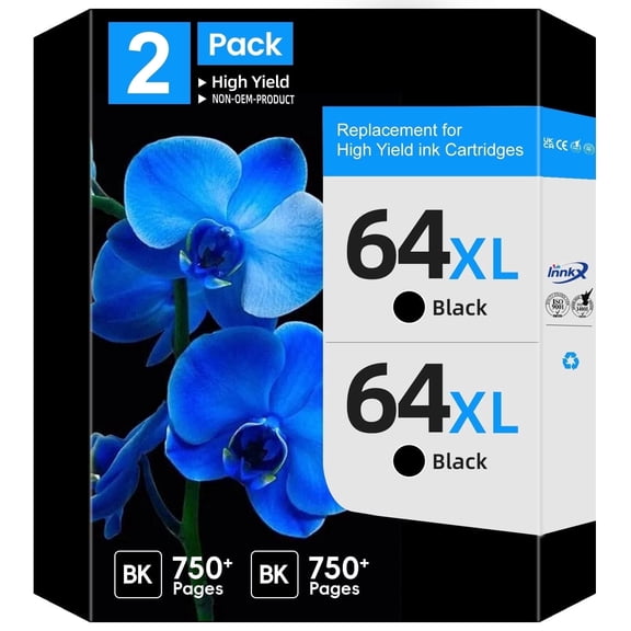 64XL Black Ink Cartridges Compatible for HP 64 Black Ink Cartridges Work With HP Envy Photo 7855 7858 7100 7155 7120 6252 7800 7158 , 2 Black