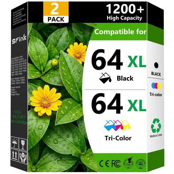 64 XL 64XL Ink Cartridges 2-Pack Black/Tri-Color Compatible for HP64 Ink Cartridges for Envy Photo 7855 7858 7900e Envy Inspire 7255e 7955e 7900e Tango Series Printers