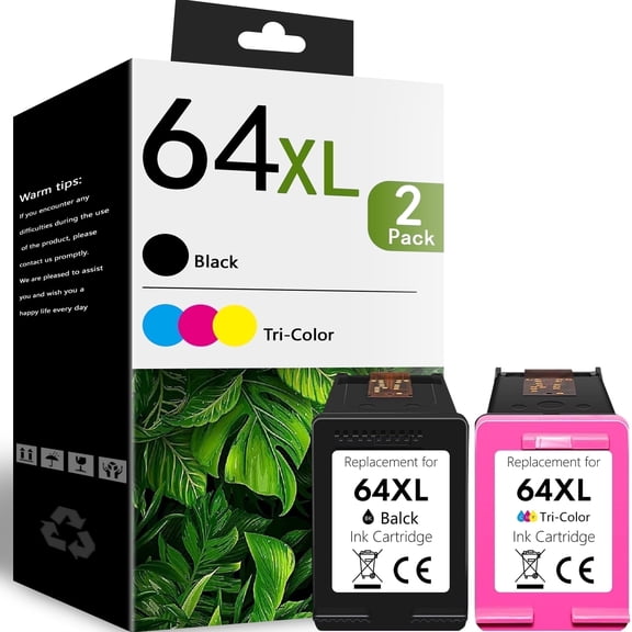 64 XL 64XL Ink Cartridge Compatible for 64 Ink Cartridges for Envy Photo 7855 7858 7155 6252 7800 7100 Envy Inspire 7255e 7955e 7958e 7900e Tango Series Printer (Black, Tri-Color) 2-Pack