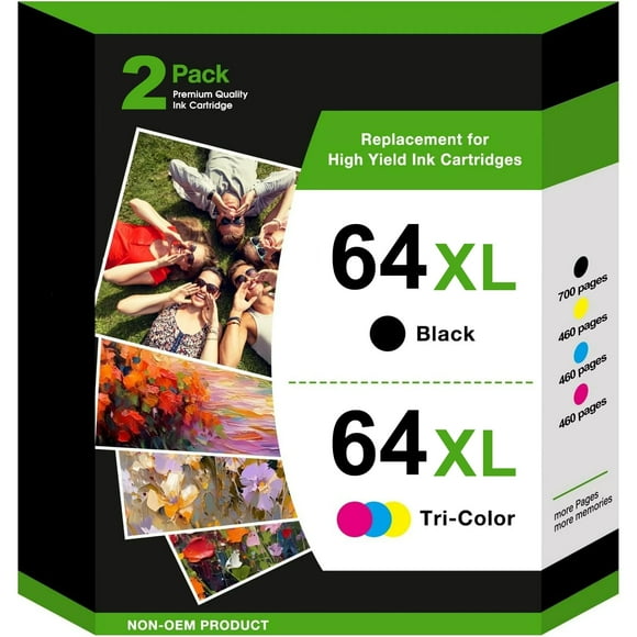 64XL Ink Cartridge Combo Pack for HP Ink 64 Works with HP Envy Photo 7855 7858 7155 6252 7800 7100 Envy Inspire 7255e 7955e 7958e 7900e Tango Series Printer (1 Black, 1 Tri-Color)
