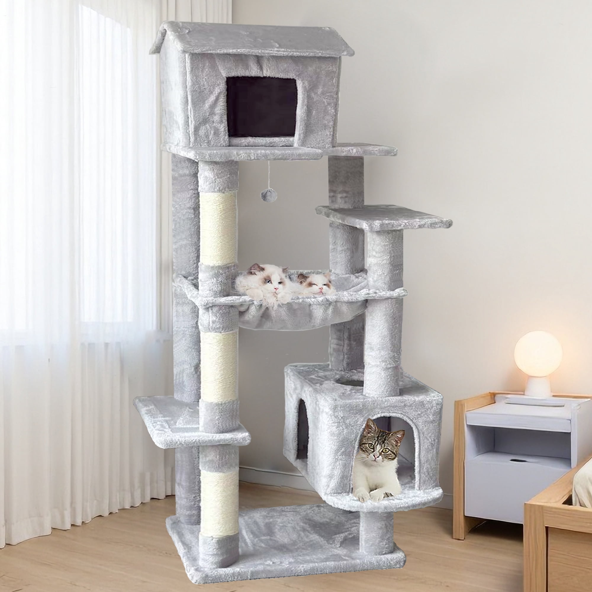 64in Cat Tree with Unique Cat House, Hammock, Scratching Posts - Plush Cat Tower for Indoor Cats, Ideal for Multiple Cats