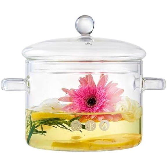 64oz/1900ml Clear Glass Simmer Pot for Cooking on Stove with Lid, Heat-Resistant Borosilicate Glass Saucepan For Pasta, Soup, Baby Food & Potpourri,Anti-Scald Handles,Stovetop Safe Cookware
