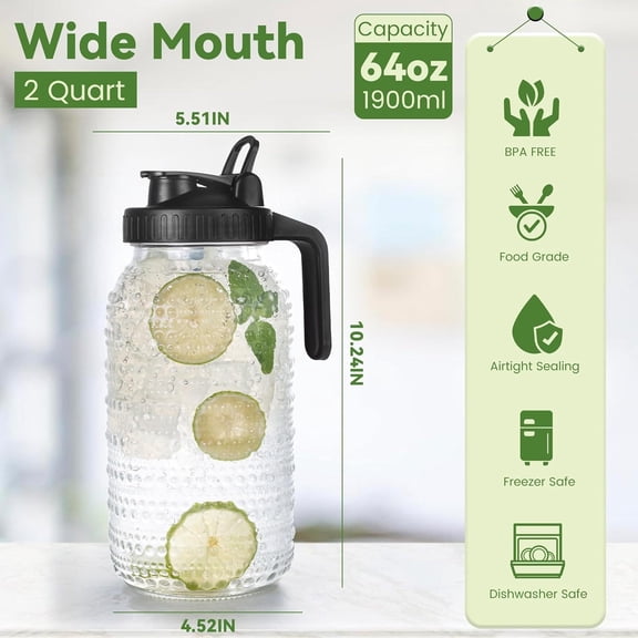 64oz/2 Quart Hobnail Glass Mason Jar Pitcher (Wide Mouth + Leak-Proof Pour Spout)  Airtight Lid, Fridge-Safe, Ideal for Juice/Tea/Iced Coffee/Lemonade, Serving Jug for Home
